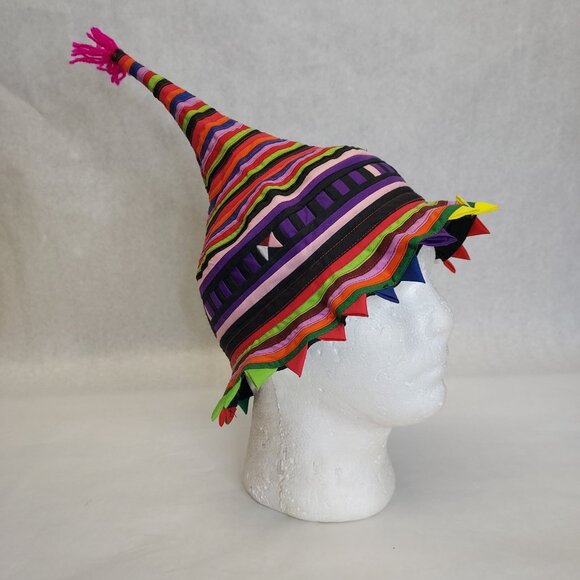 Handmade Traditional Hill Tribe Festival Hat Cone Shape Vibrant Patchwork Stripe - Picture 3 of 10